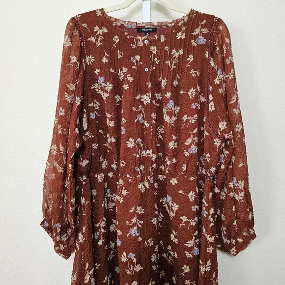 MADEWELL Women's Norma Rae Floral Print Long Sleeve Brown Mini Dress Sz 1X - Picture 2 of 12
